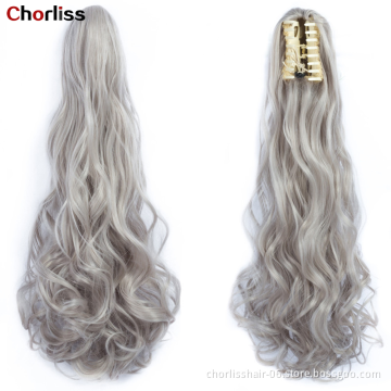 Wholesale Grey Curl Natural Wave Claw-Clip Drawstring Ponytail Extension Hairpiece Synthetic Hair Ponytails For Women Girl